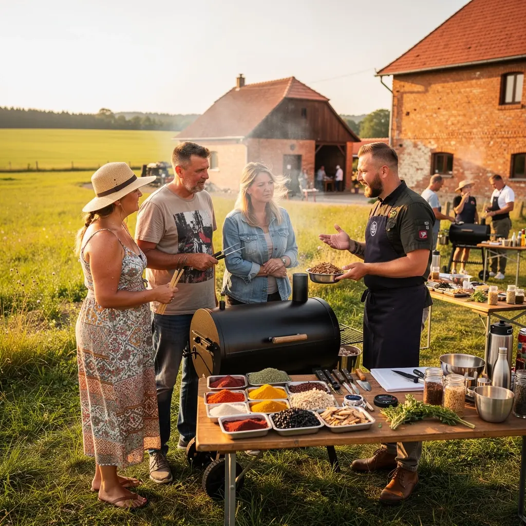 Skupina lidГ­ se uДЌГ­ techniky uzenГ­ a peДЌenГ­ na otevЕ™enГ©m ohni.