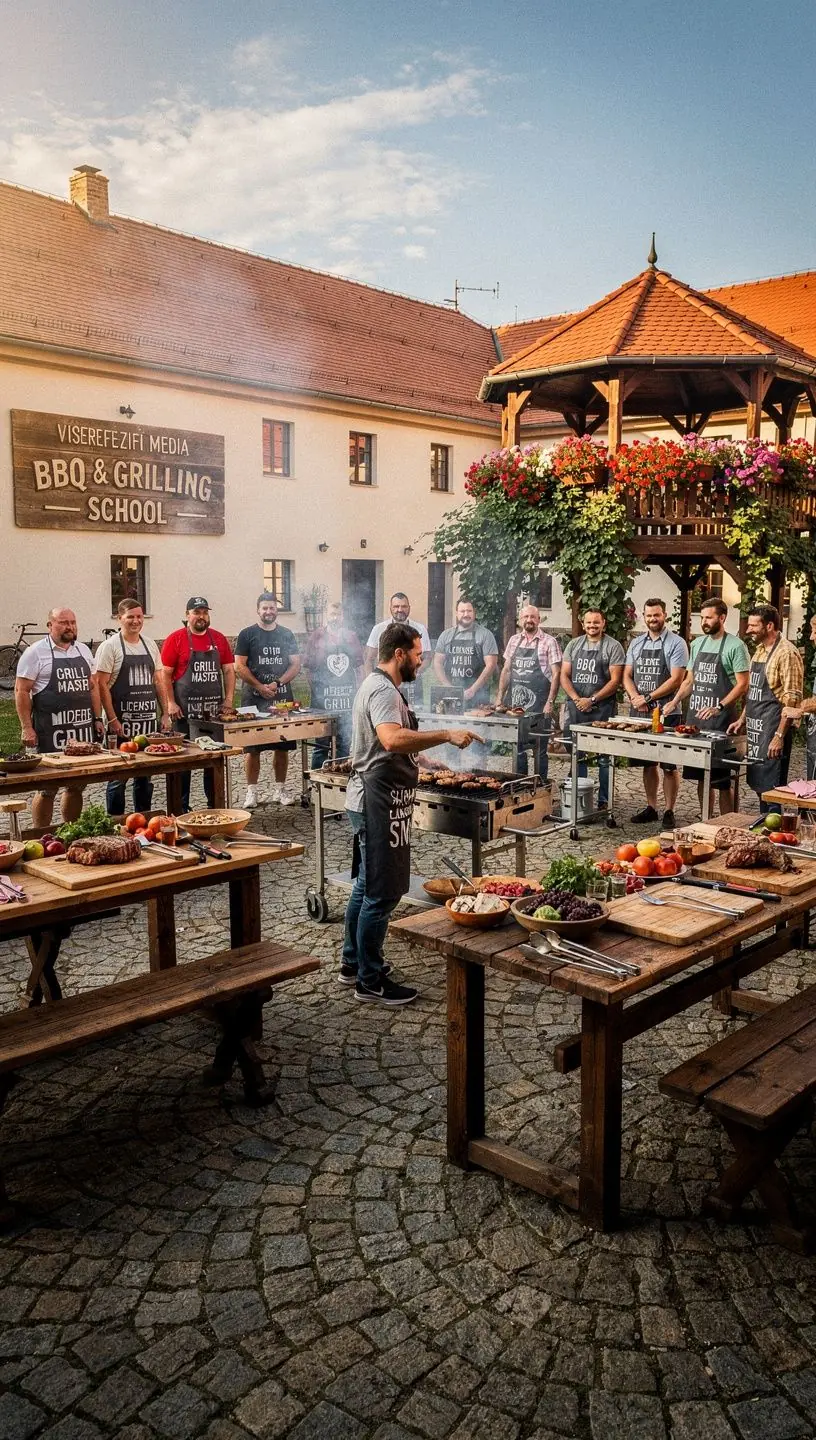 GrilovГЎnГ­ masa na venkovnГ­m grilu s kouЕ™em a plameny.