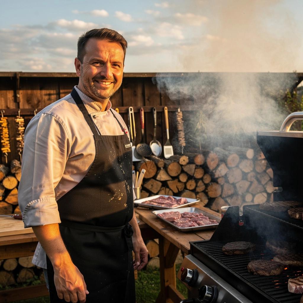 Grilování masa na otevřeném ohni s dřevěným uhlím.