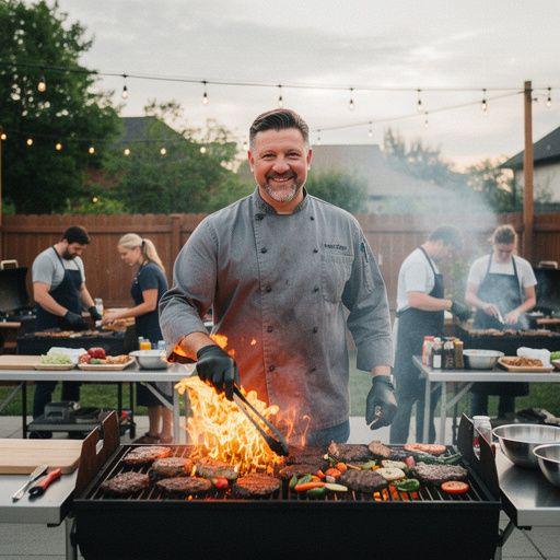 Rodinná oslava s grilováním a chutným jídlem na terase.